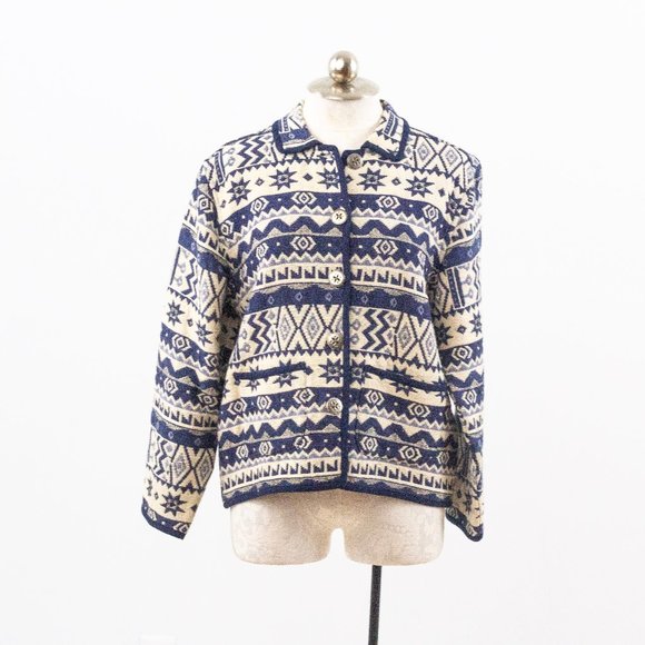 Vintage M Cotton Southwestern Sweater Jacket Blue - Picture 2 of 10